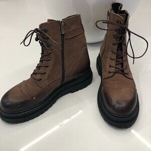VENUS Brown Leather Chunky Heel Combat  Ankle Boot Lace Zipper Distressed EU 39